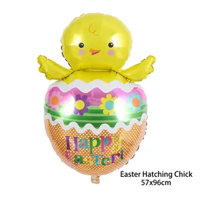 Easter chick hatching from egg foil balloon with Happy Easter print, size 57x96cm