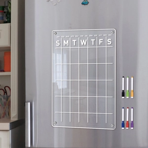 Clear acrylic magnetic monthly calendar for fridge with 6 colored markers and 4 silver clips