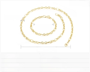 Golden stainless steel necklace and bracelet set with dimensions and product specifications