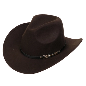 Detail of dark brown felt cowboy hat with black belt and gold metallic buckle decoration