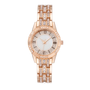 Elegant rose gold women's quartz watch with marble dial and diamond-studded metal strap