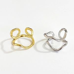 Minimalist S925 sterling silver hollow double layer wave open rings in gold and silver