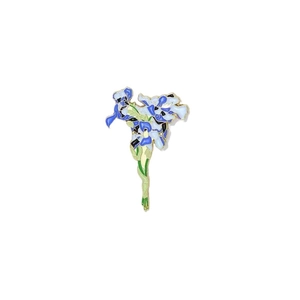 Broche iris en émail aux pétales bleus et bords dorés sur fond blanc minimaliste