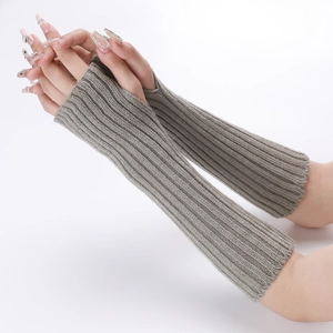 Detailed view of light grey knitted long fingerless gloves with vertical ribbed texture