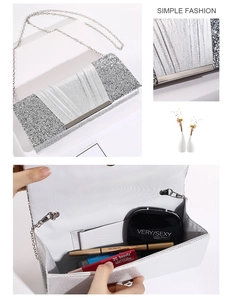 Close-up of silver glitter evening bag showing interior capacity for lipstick and makeup