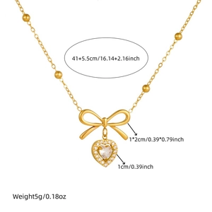 Collier pendentif cœur noeud doré poli avec strass et chaîne à billes, longueur 41+5,5cm