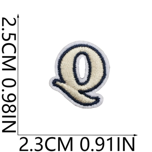 Mini alphabet letter Q embroidery patch in ivory and navy blue with size measurements