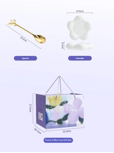 Detailed view of cloud coffee cup gift set with branch handle spoon and petal coaster