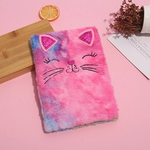 Cute pink and purple plush cat diary with sequin ears and embroidery on a pink background