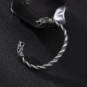 Vintage Viking dragon head cuff bracelet in silver stainless steel with twisted texture