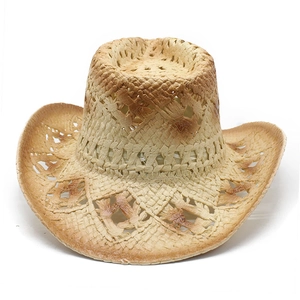 Handwoven vintage western straw cowboy hat with hollow patterns for sun protection