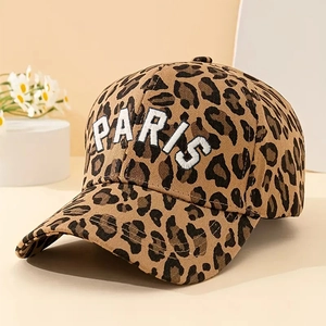 Stylish leopard print baseball cap with white PARIS embroidery and curved brim