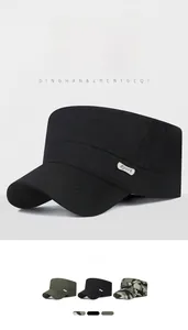 Detail view of cotton flat top cadet caps with metal sport tag in camo and solid colors