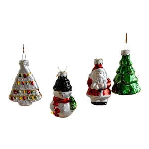 Christmas glass ornament set featuring Santa, snowman, and trees with a glossy finish