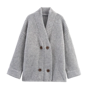 Waffle Knit Cardigan Sweater Double Breasted V Neck Long Sleeve Cashmere Blend Vintage Top For Women