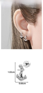 Detail view of anchor-shaped stud earring with white zircons and product dimensions