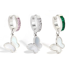 Silver butterfly hoop earrings with colorful gemstones and iridescent shell inlay