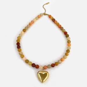 Multicolor natural stone beaded necklace with a golden heart pendant on white background