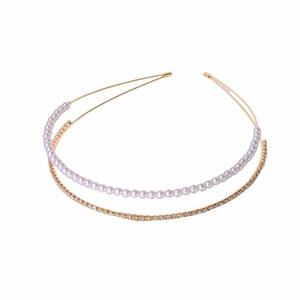 Elegant gold double-layered headband with sparkling rhinestones and white pearls