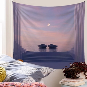 Detail of purple moonlit ocean tapestry featuring two boats as cozy bedroom wall decor