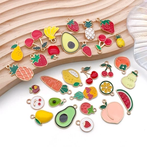Assorted fruit and vegetable enamel pendants in gold metal for DIY jewelry making