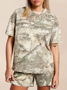 Women's 2-piece summer lounge set with camouflage print t-shirt and matching shorts