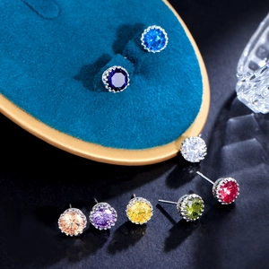 8mm multi-color crown zircon stud earrings set in silver claw settings for women