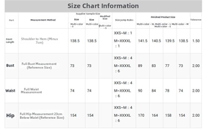 Detailed sizing chart for striped high waist maternity dress with chest and length measurements