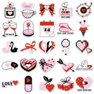 50 Valentine's Day stickers with hearts, roses, and wine glasses in red, pink, and black colors
