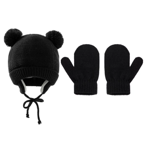 Gestricktes Kinder Wintermützen und Handschuhe Set in Schwarz mit Kunstfell Bommeln