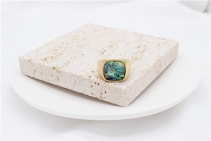 Macro view of men's titanium ring featuring square abalone shell inlay on stone prop