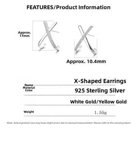 Detailed size specifications of X-shaped 925 sterling silver earrings with dimensions