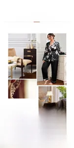 Detail of elegant black floral satin pajamas featuring white contrast piping and tie waist