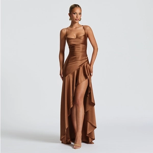 Elegant brown satin dress detail featuring side high slit and ruffled hemline accents