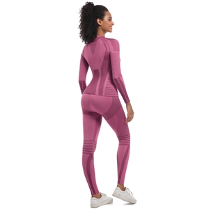 Close-up of seamless yoga set showing breathable mesh texture and rose pink knit detail