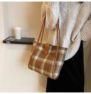 Brown plaid wool tote bag for women with classic vintage pattern and shoulder straps