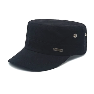 Men's black cotton flat top military cap with metal eyelets and decorative side logo