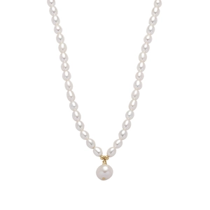 Elegant rice freshwater pearl necklace with a large round pearl pendant on a white background