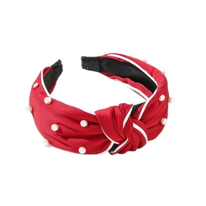 Red satin knotted headband with white pearls for Christmas party accessories