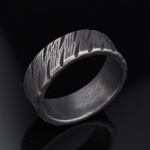 Industrial textured stainless steel ring for men with vintage matte wood grain finish