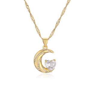 18K gold plated moon and heart pendant necklace with shimmering zircon stones