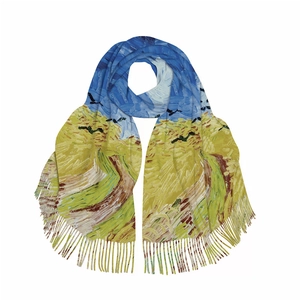 Artistic Van Gogh Wheatfield with Crows print cashmere feel winter scarf with fringe