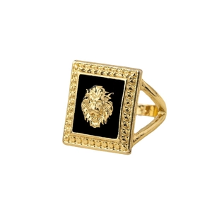 Minimalist gold square lion head ring with black enamel for men's hip hop punk style