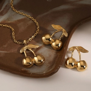 Cherry Pendant Necklace And Stud Earrings Stainless Steel Jewelry PVD Gold Plated Waterproof Tarnish Free For Women