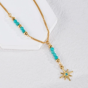 18K gold beaded stainless steel necklace with turquoise beads and star pendant
