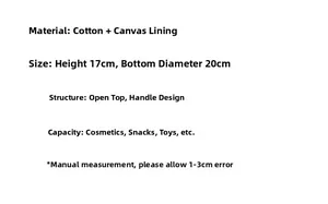 Detailed size specifications for canvas storage basket with cotton fabric material
