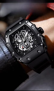 Macro view of luminous tonneau skeleton watch dial with industrial gear details