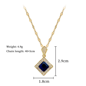 Detailed specs of titanium steel necklace with blue square gem and crystal pendant
