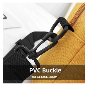 Detailed close-up of a black PVC clasp on a yellow canvas bag with nylon woven strap