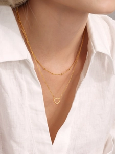 Detail of layered gold necklaces with heart pendant on model wearing white shirt